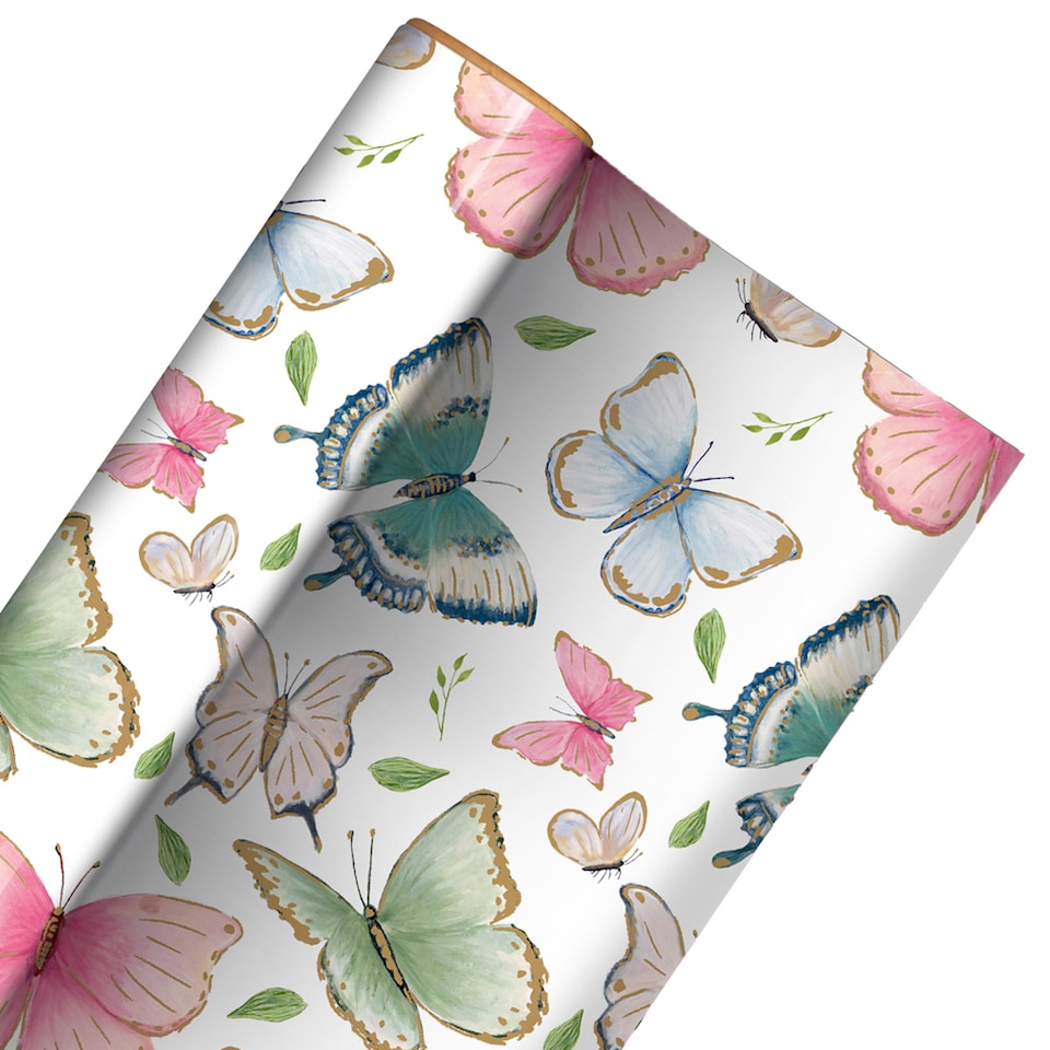 image 1 of Pastel Butterflies White Gift Wrapping Paper Roll 3m