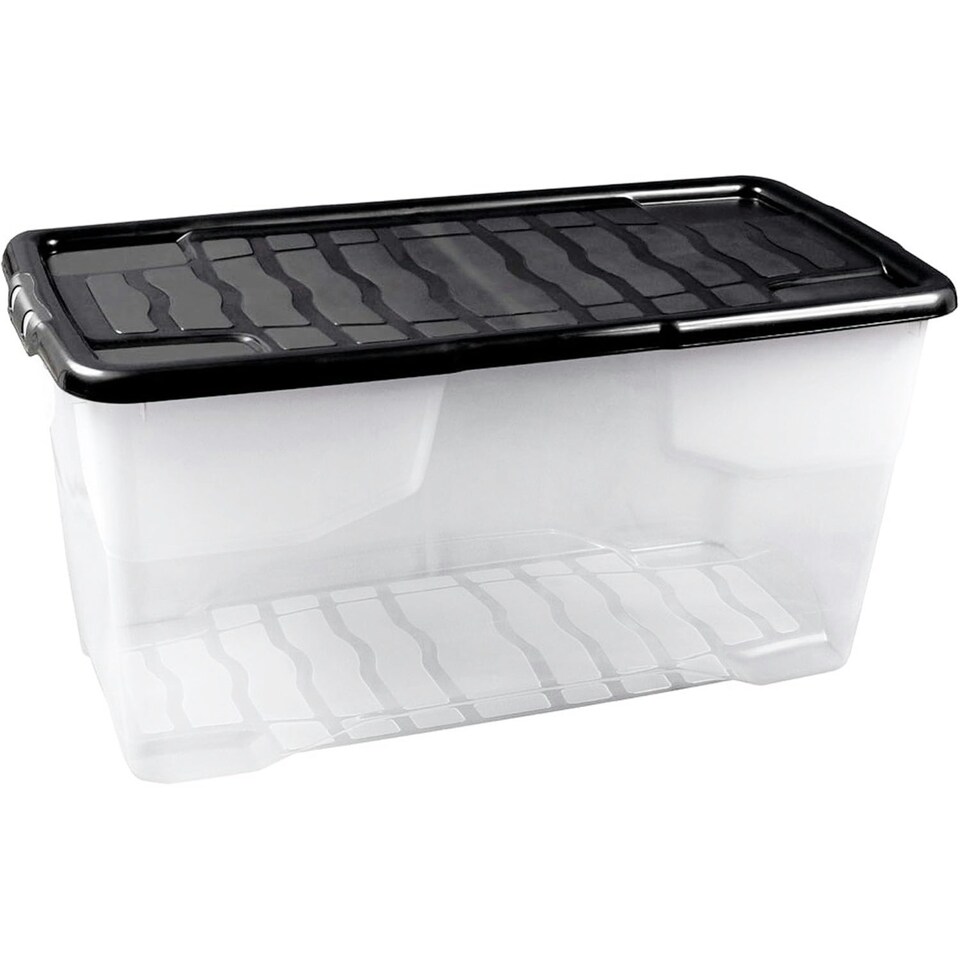 image 1 of 3 x Stackable & Strong Durable 42 Litre Curve Plastic Storage Boxes With Black Lids For Home & Office Clear