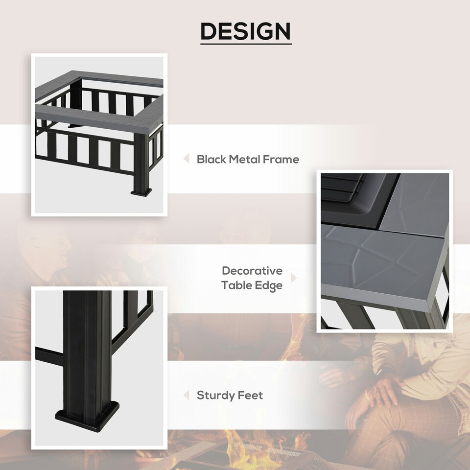 image 1 of Outsunny Fire Pit Heater Square Table Patio Backyard Metal Black φ86cm Outdoor