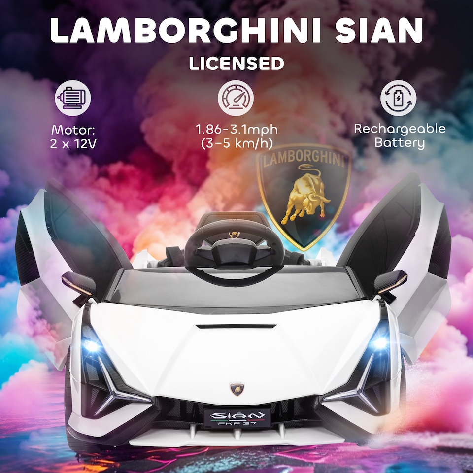 image 1 of HOMCOM Lamborghini Sian Licensed 12V Electric Car for Kids 2 Motors Toy Car with Remote Control Music Lights MP3 for 3-5 Years White