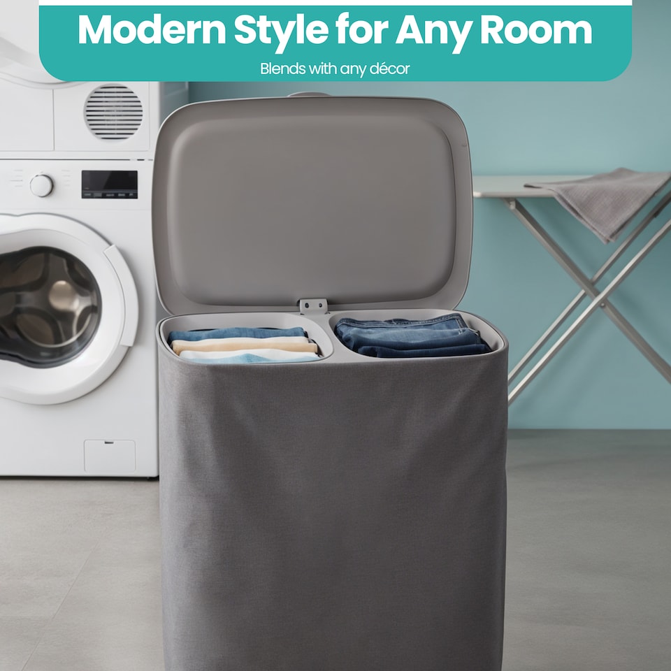image 1 of 90L Laundry Basket with Lid & 2 Removable Bags, Washing Bin with Plastic Frame