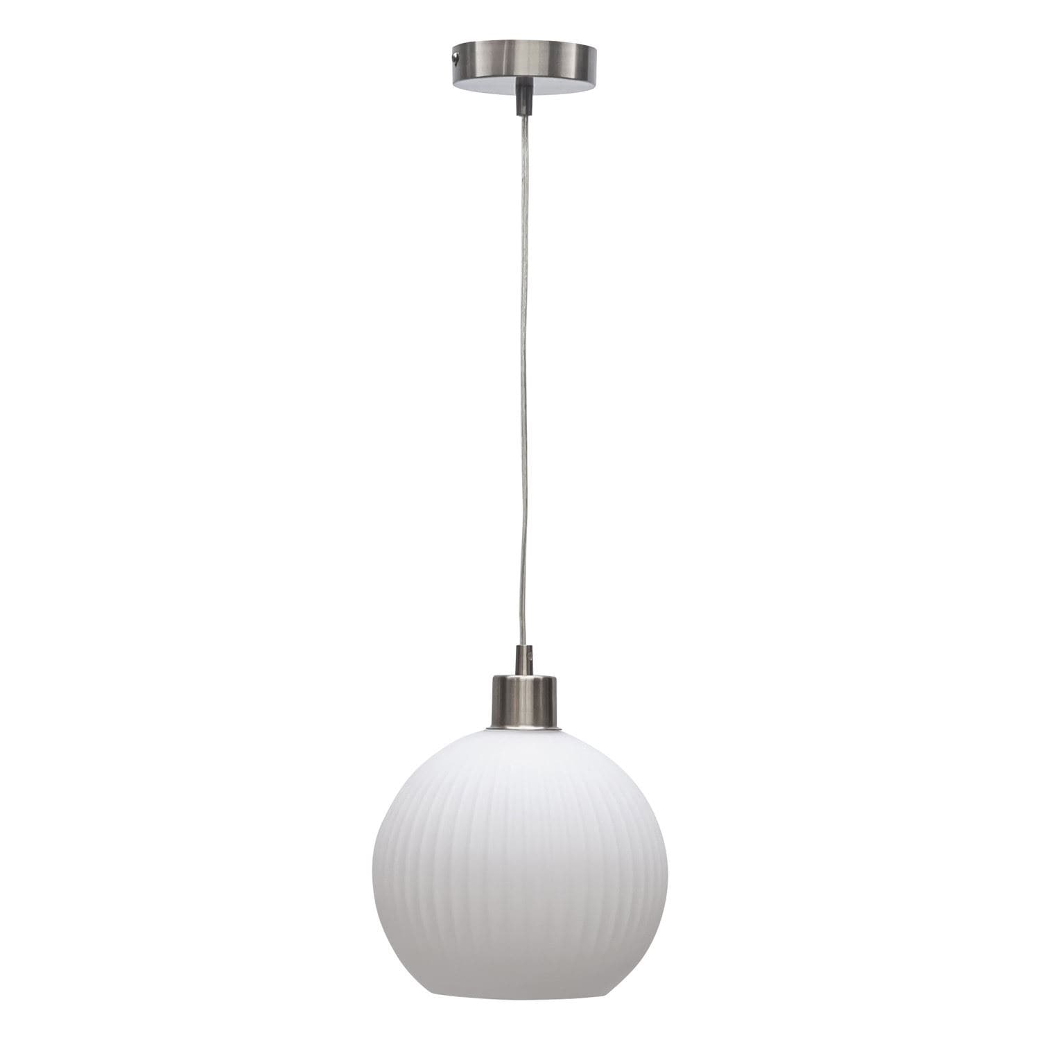 First Choice Lighting Betchley - White Ribbed Glass Globe with Satin Nickel Pendant Fitting