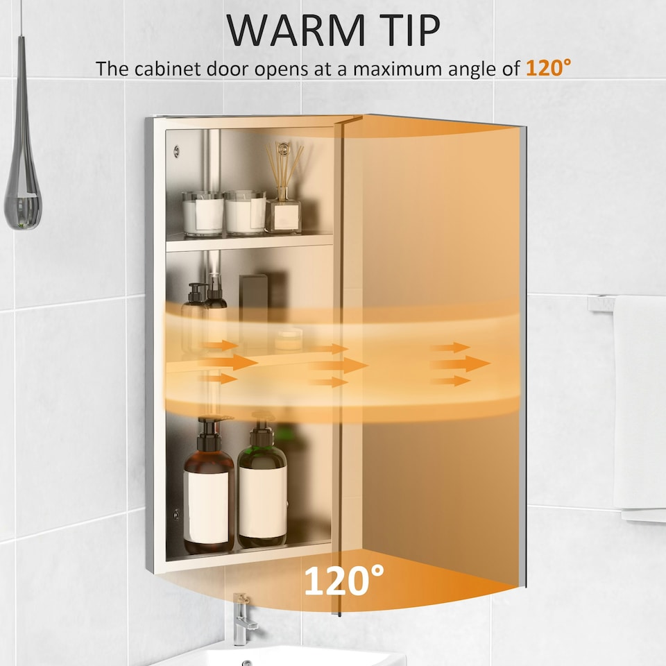 image 1 of HOMCOM Bathroom Corner Wall Mirror Storage Cabinet Cupboard Stainless Steel