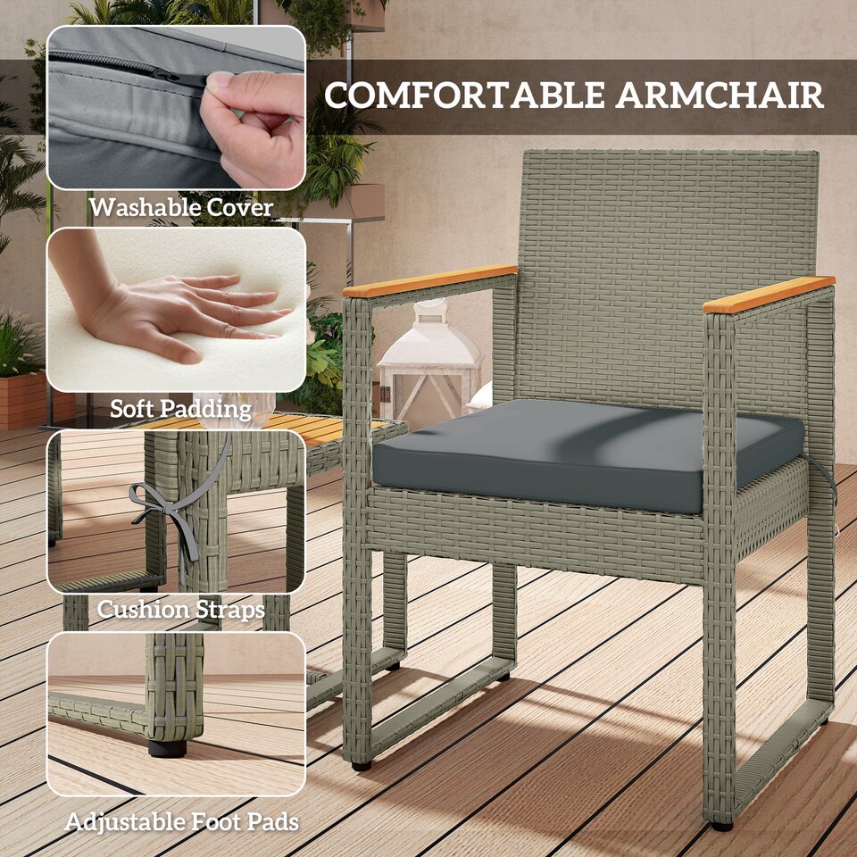 image 1 of Outsunny 3-Piece Rattan Bistro Set, Patio Table and Chairs Set with Removable Cushions, Rattan Conversation Set with Acacia Wood Table & Adjustable Foot Pads for Garden Balcony, Grey