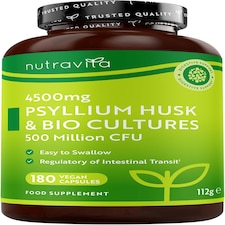 Nutravita Psyllium Husk 4500mg with 500 Million CFU - Fibre Supplement Supports Digestive Balance - Made in the UK - 180 Psyllium Husks Capsules
