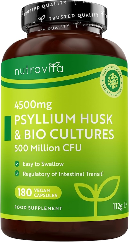 image 1 of Nutravita Psyllium Husk 4500mg with 500 Million CFU - Fibre Supplement Supports Digestive Balance - Made in the UK - 180 Psyllium Husks Capsules