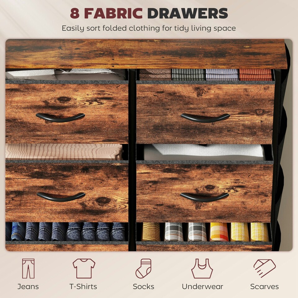 image 1 of HOMCOM Fabric Chest of Drawers, 8 Drawer Dresser for Bedroom, Rustic Brown Brown | Black