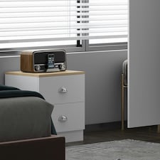FWStyle Esher 2 Drawer Bedside Table Matt White With Oak Top