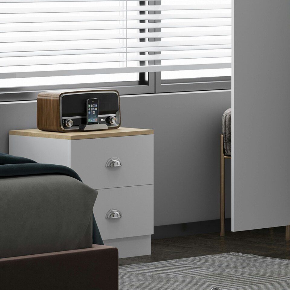 image 1 of FWStyle Esher 2 Drawer Bedside Table Matt White With Oak Top