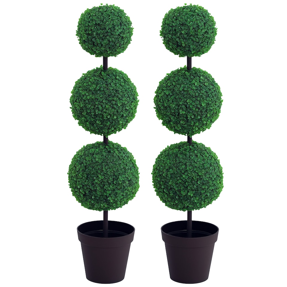 image 1 of Outsunny Set of 2 Artificial Boxwood Ball Topiary Trees Potted Decorative Plant Indoor Decor (112cm)