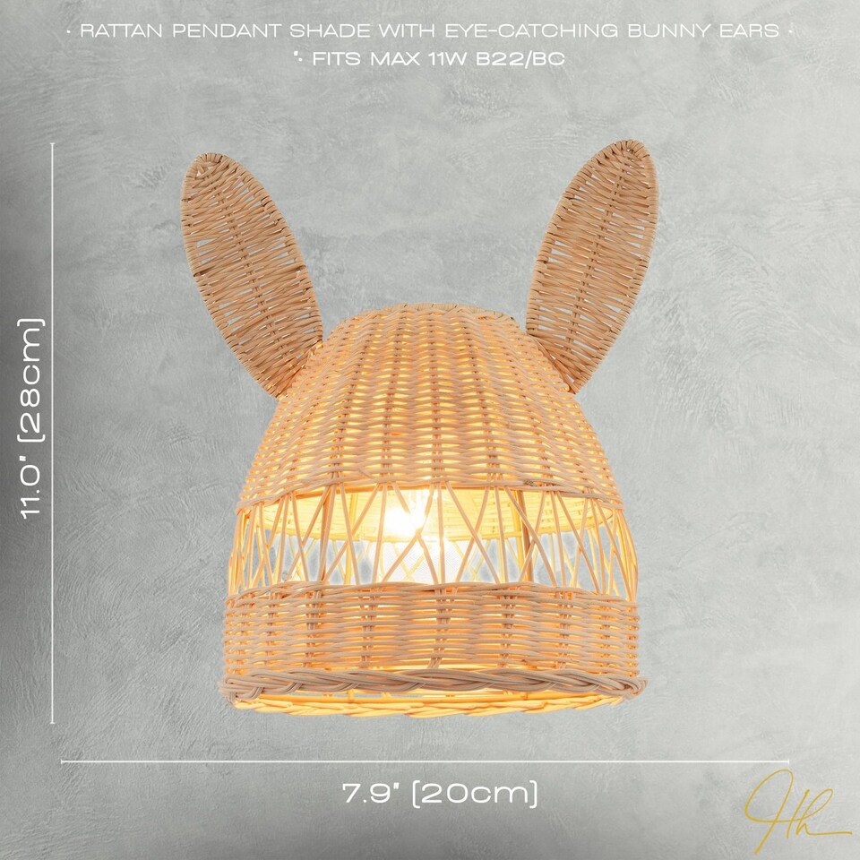 image 1 of Natural Woven Rattan Childrens Pendant Lighting Shade with Bunny Ears | Brown