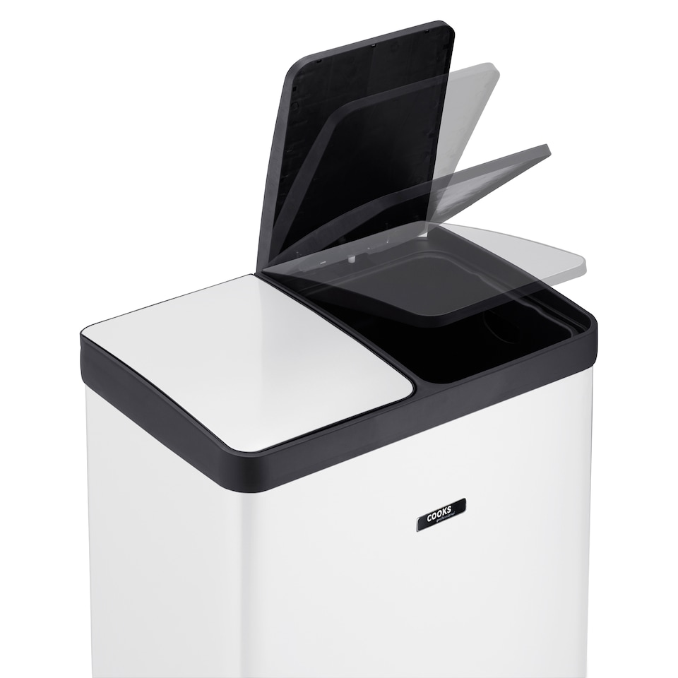 image 1 of Cooks Professional Dual Pedal Recycle Bin 60L with 2 x Compartments & Soft Close Lids | White