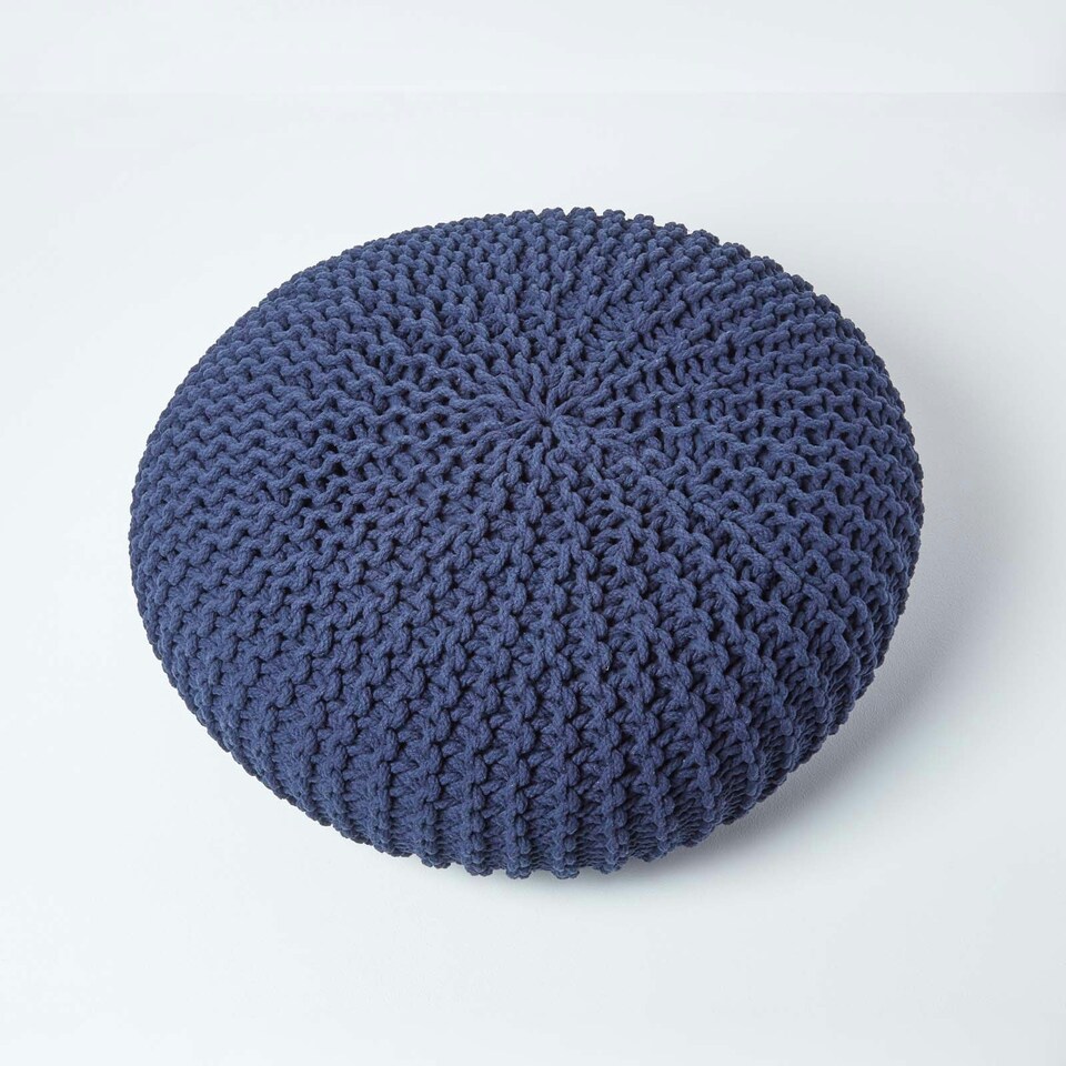 image 1 of Homescapes Navy Blue Large Round Cotton Knitted Pouffe Footstool