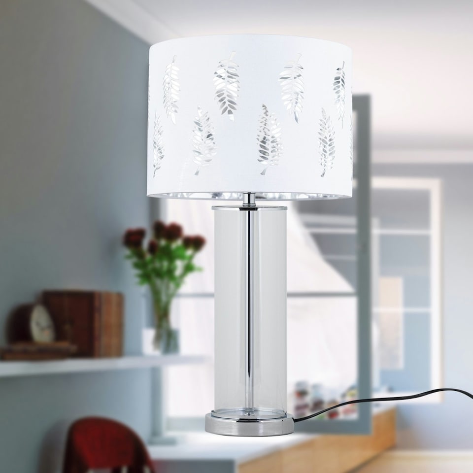 image 1 of Aura - Chrome Table Lamp with White Fern Cut Out Silver Inner Shade Chrome | White
