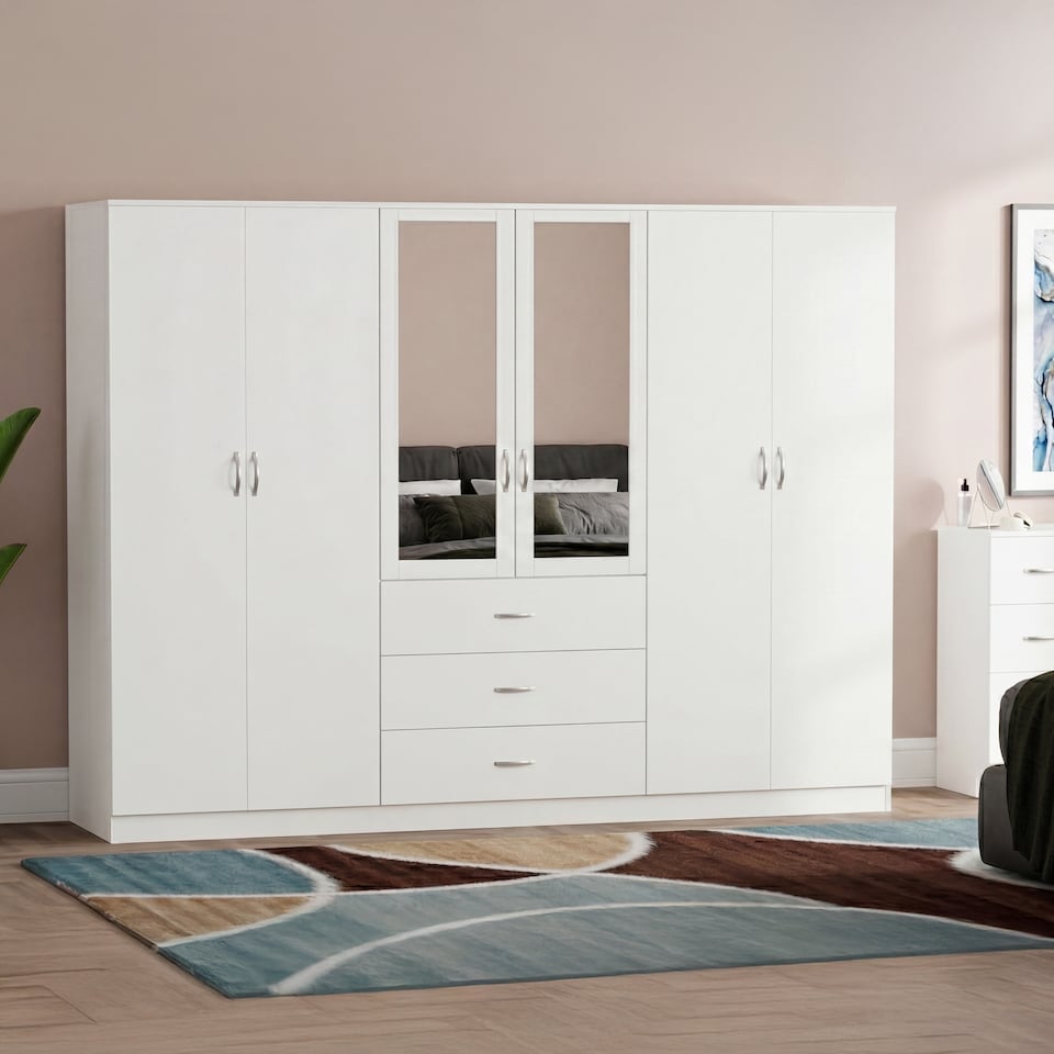 image 1 of Vida Designs Riano 6 Door 3 Drawer XX-Large Mirrored Wardrobe, White