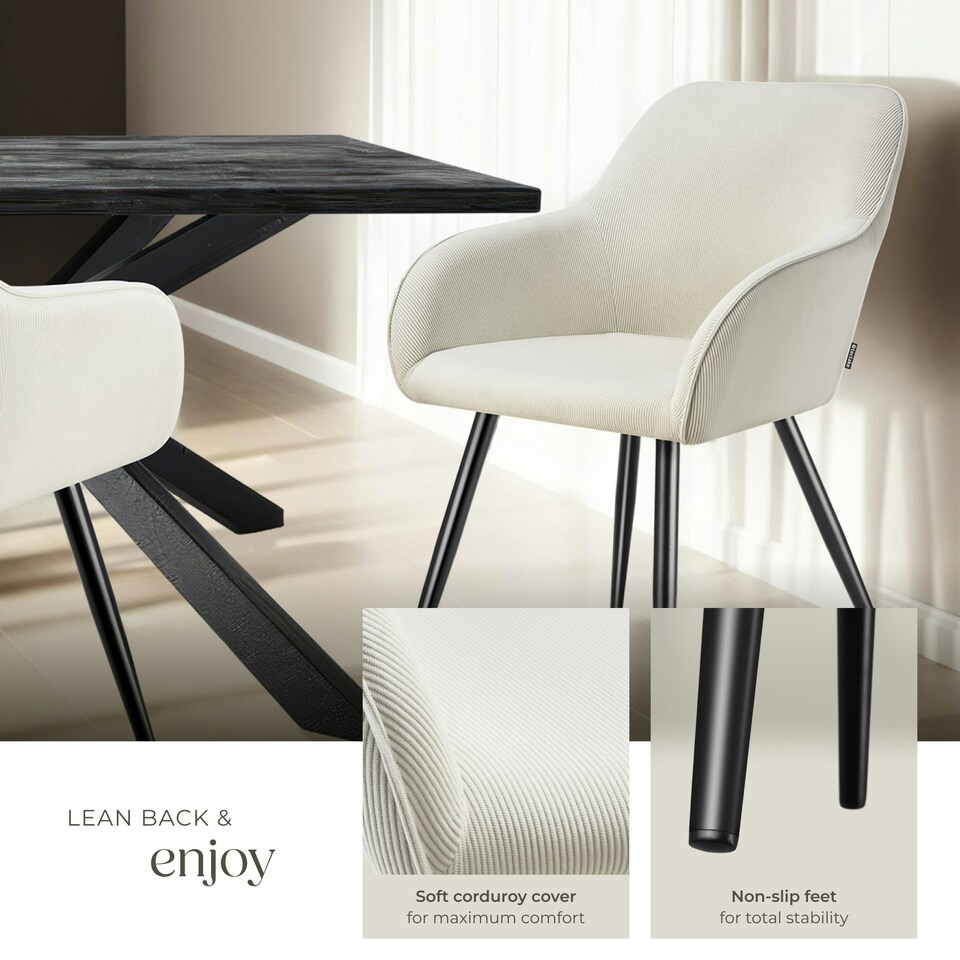image 1 of Dining Chair Marilyn - corduroy look, upholstered, armchair, continuous backrest - per piece Cream | Cream/Black