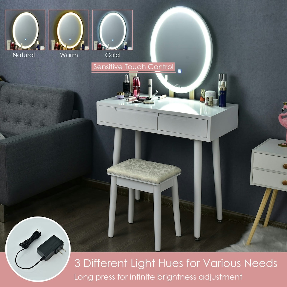 image 1 of COSTWAY Makeup Vanity Dressing Table Set with Lighted Mirror White