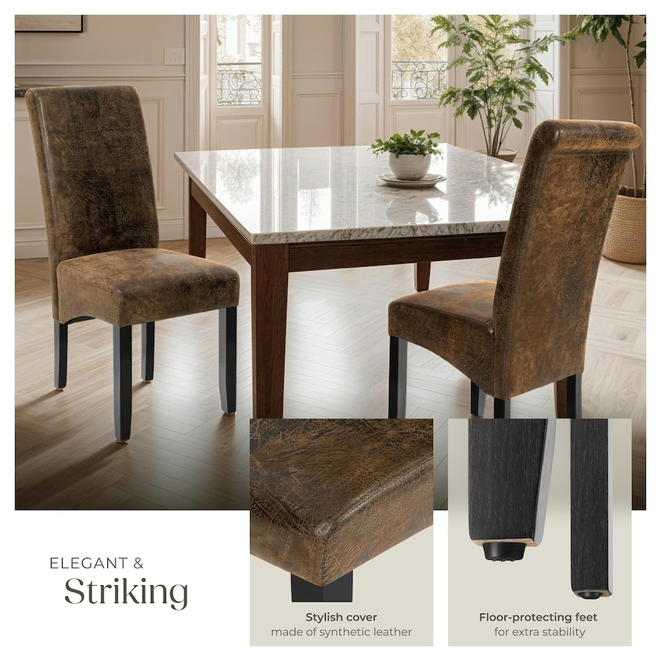 image 1 of Dining Chair - ergonomic seat shape, high backrest, padded, faux leather - Set of 4 Brown | Antique