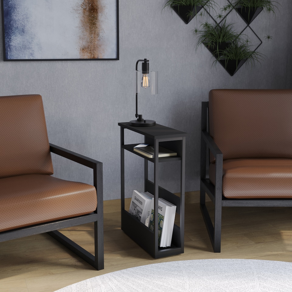 image 1 of 3 Tier Slim Coffee Side Table Newspaper Magazine Shelf Rack Bedside Sofa End | Black | Black | H-62.5cm | 1