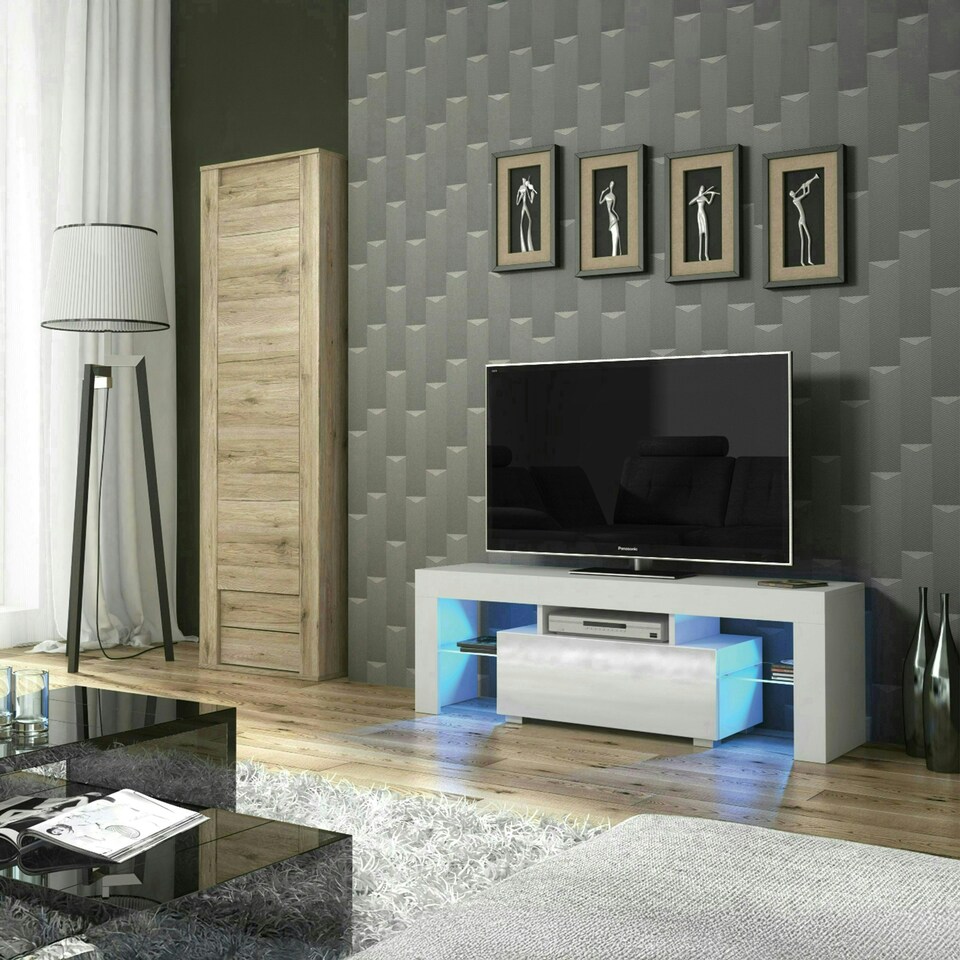 image 1 of TV Unit 130cm White Gloss Door White Matt Body with Glass Shelves Free LED | White | One Size | 1