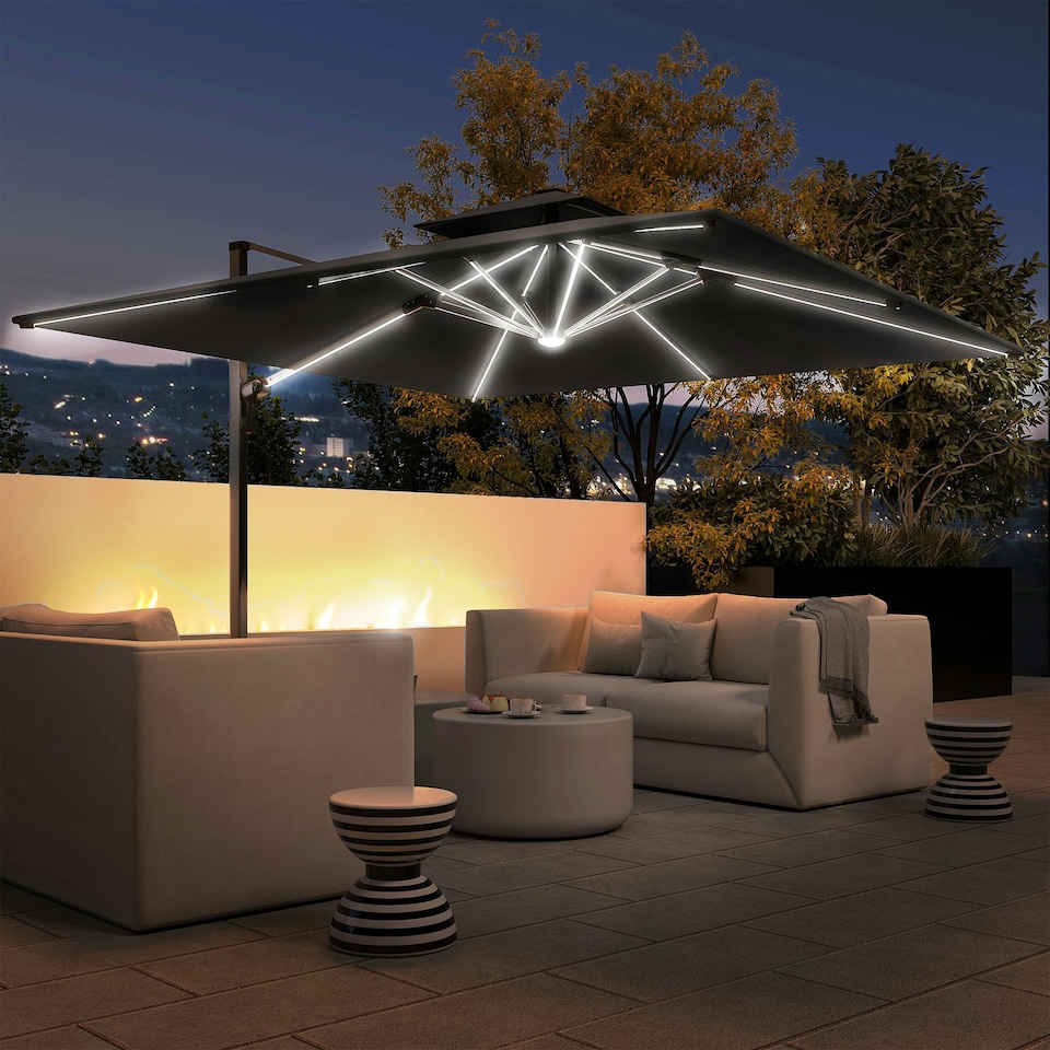 image 1 of Outsunny Garden Cantilever Parasol, Patio Umbrella w/ Solar LED Lights, Grey Grey | Grey