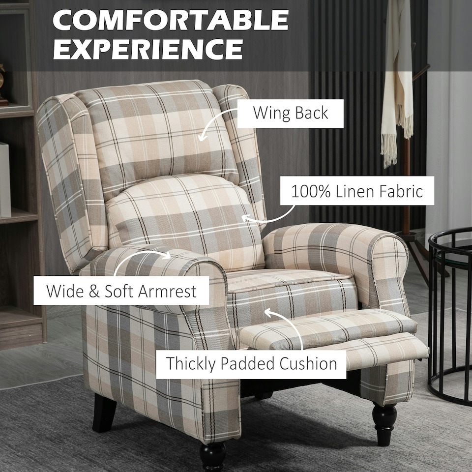 image 1 of HOMCOM Recliner Chair for Living Room Wingback Chair with Padded Armrest Khaki