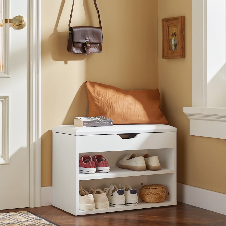 image 1 of SoBuy 2-Tier Shoe Storage Bench with Folding Padded Seat, White, 23.6x11.8x17.3 in, 13 kg - FSR25-W