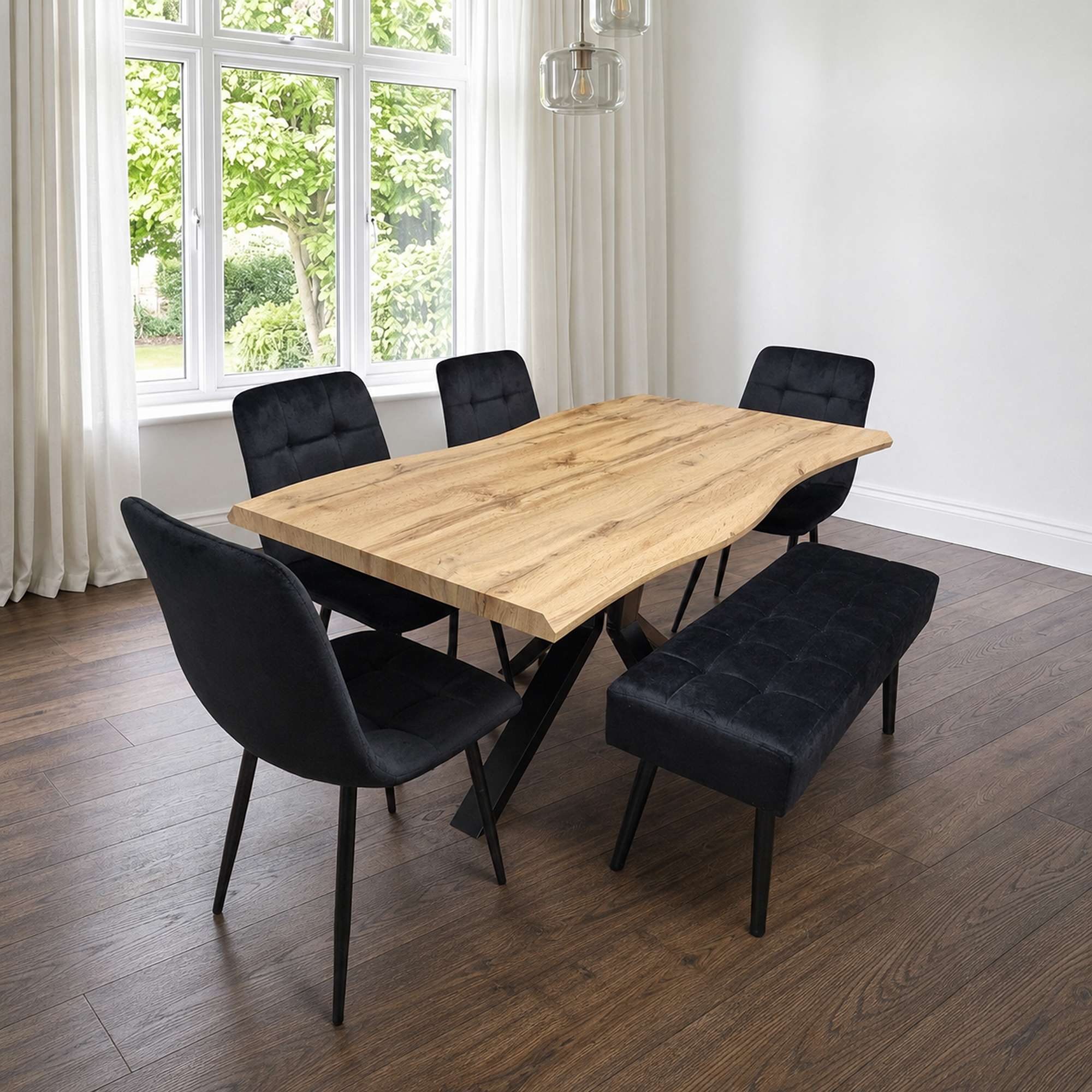 Dining Set Of 5 Dining Table Set with 4 black Velvet Chairs And 1 Black Bench Dining Room Furniture