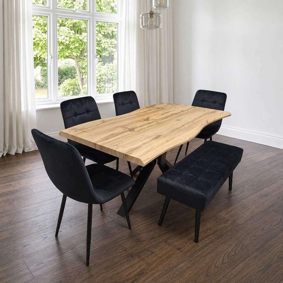 image 1 of Dining Set Of 5 Dining Table Set with 4 black Velvet Chairs And 1 Black Bench Dining Room Furniture