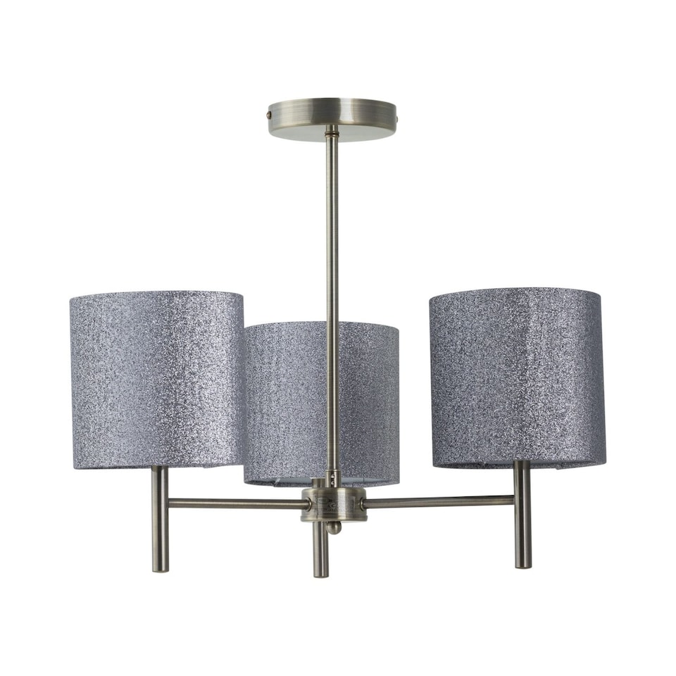 image 1 of Brea - Antique Brass 3 Light Fitting with Silvery Grey Glitter Shades | Yellow | Grey | 1