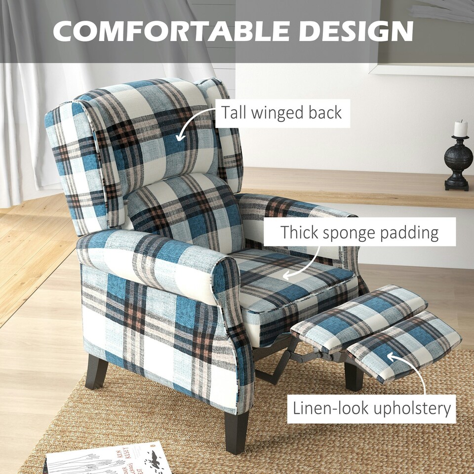 image 1 of HOMCOM Recliner Chair for Living Room Wingback Chair with Padded Armrest Blue
