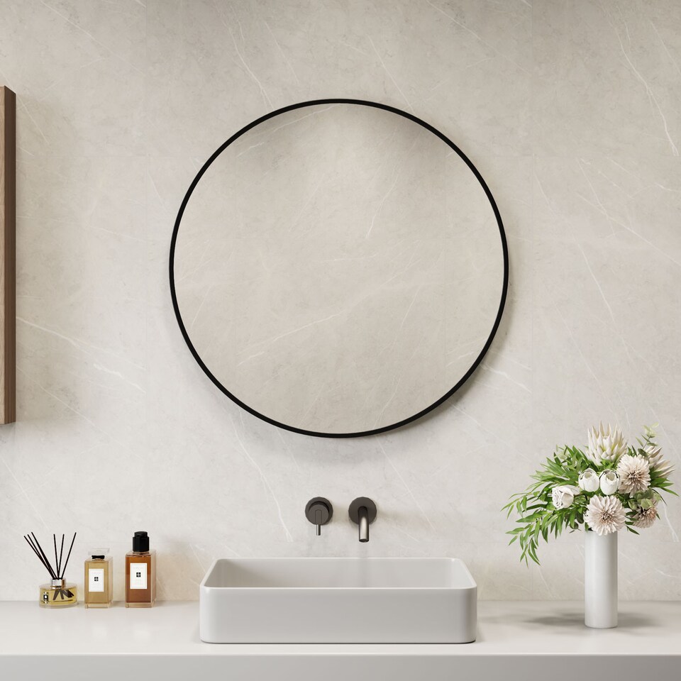 image 1 of Neo 60cm Black Round Metal Frame Wall Mirror Float Glass HD Reflection Anti Rust Moisture Proof Wall Mounted Bathroom Bedroom Hallway Living Room Vanity | Black | Black