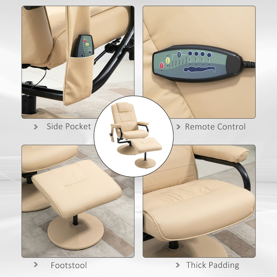 image 1 of HOMCOM Massage Recliner Chair Cushioned Ottoman 10 Point Vibration Cream