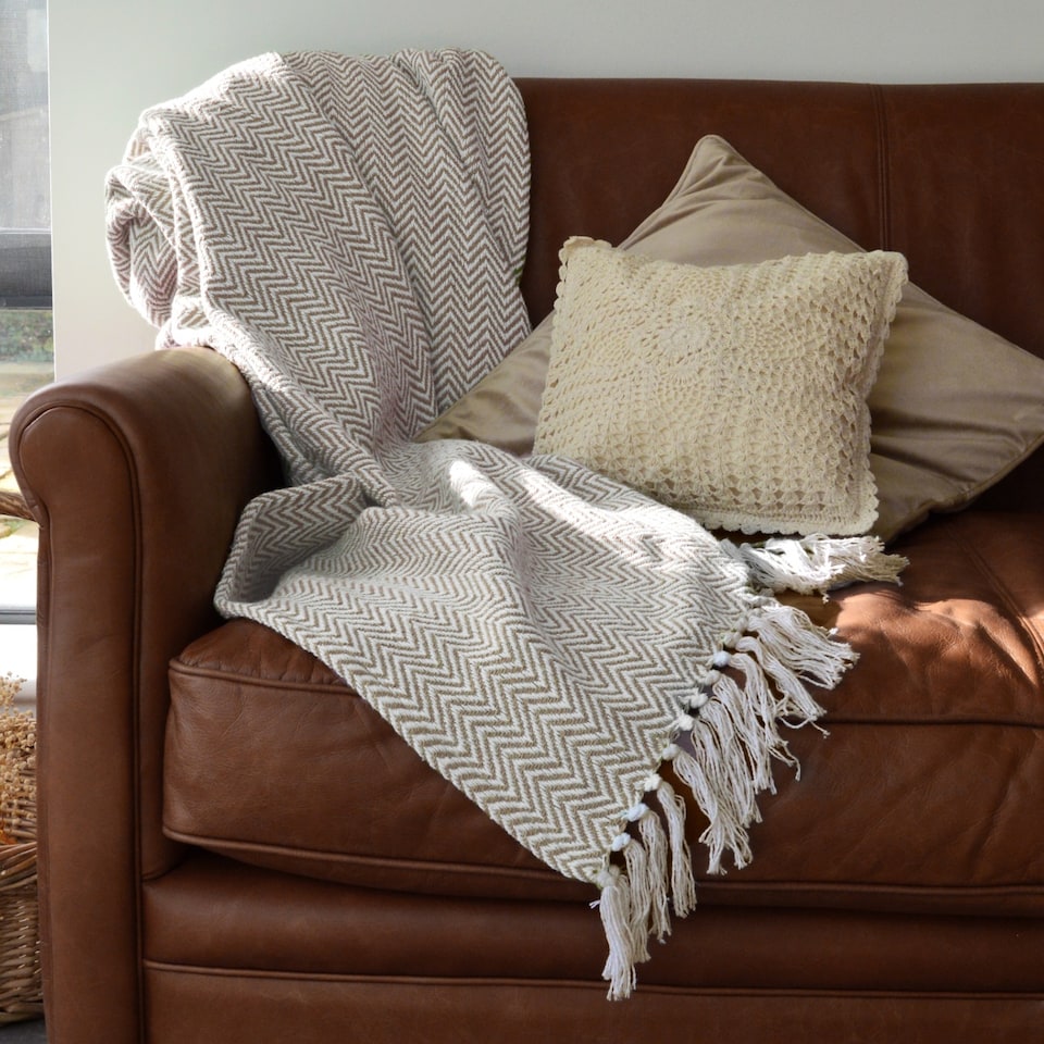 image 1 of Large Cotton Chevron Herringbone Sofa Throw Blanket - 150 x 200cm | Brown | Beige | One Size | 1