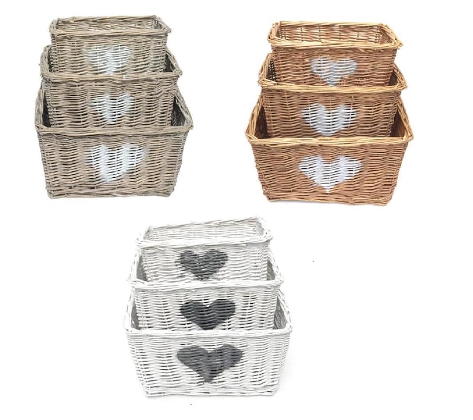 image 1 of Heart Full Wicker Willow Wedding Xmas Hamper Storage Basket Small 25 x 14 x 14 cm | White | White