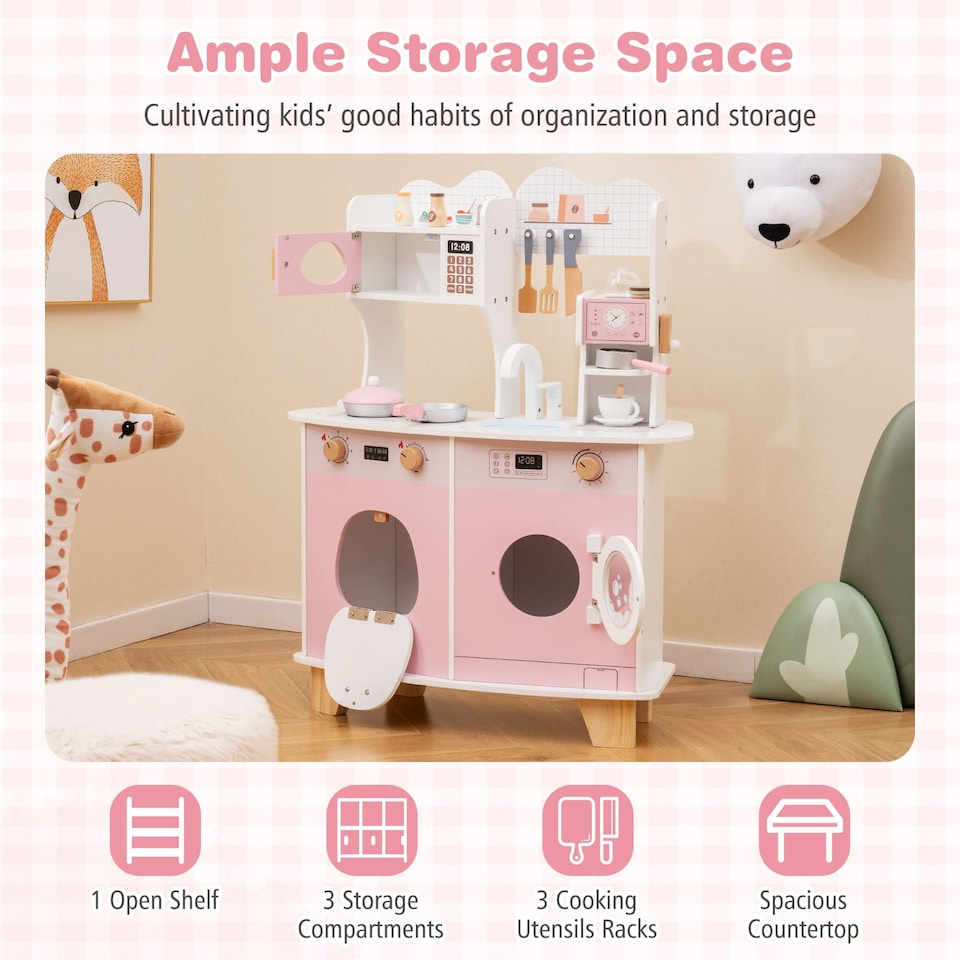 image 1 of COSTWAY Wooden Kids Kitchen Playset Pretend Play Kitchen With  Coffee Maker-Pink