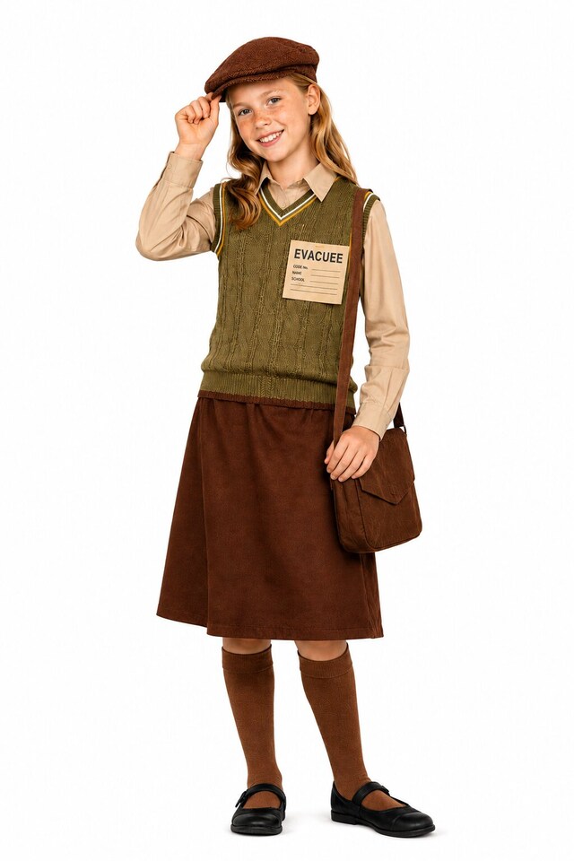 image 1 of Girls WW2 Evacuee Costume World Book Day 1940s Wartime Fancy Dress Kids Child Outfit (Large 10-12 Years)