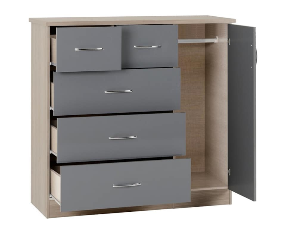 image 1 of Nevada 5 Drawer Low Wardrobe - L46 x W117 x H115 cm - Grey Gloss/Light Oak Effect Veneer