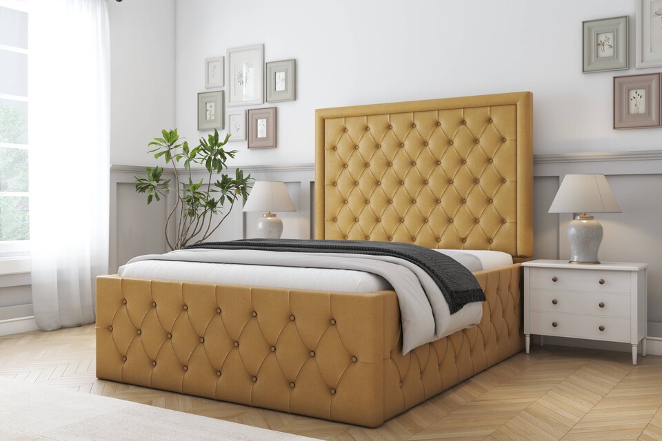 image 1 of Sloomy Vienna Mustard Plush Special Bed Frame. With 50" Upholstered Headboard 3' Single
