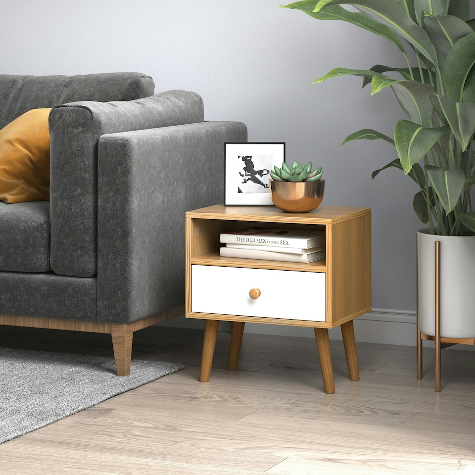 image 1 of HOMCOM Bedside Table Modern Nightstand Bedside Cabinet w/ Drawer Shelf Natural