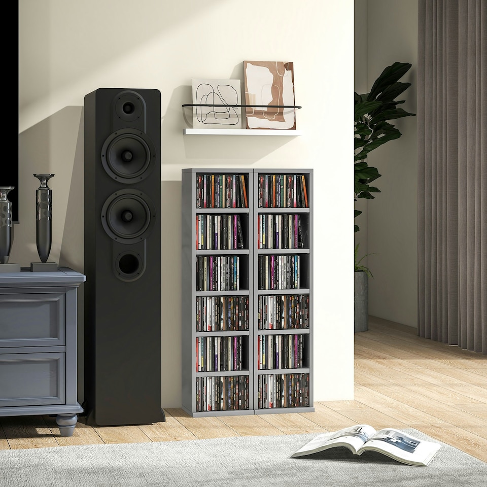 image 1 of HOMCOM 204 CD Media Display Shelf Unit Set of 2 Blu-Ray Tower Rack w  Adjustable Shelves Bookcase Storage Organiser, High Gloss White