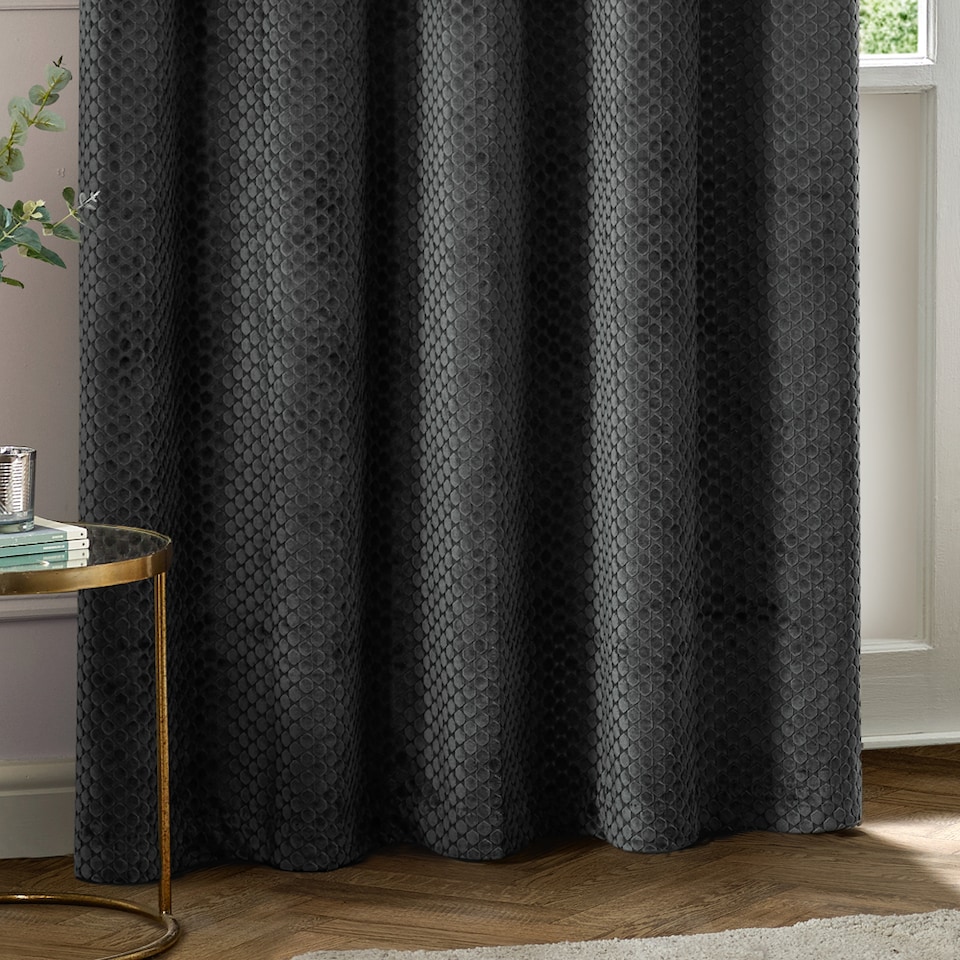 image 1 of Paoletti Neptune Fully Lined Velvet Eyelet Curtain Pair, 229cm width x 183cm drop | Grey | Charcoal | 1
