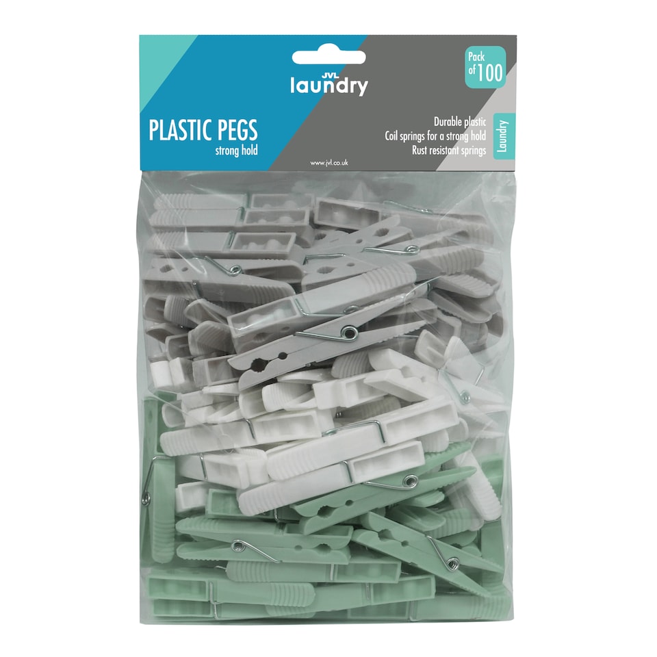 image 1 of JVL Peg Basket with 100 Plastic Clothes Pegs, Assorted Colours