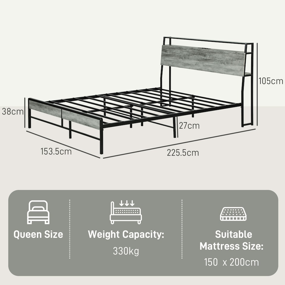 image 1 of HOMCOM LED King Bed Frame with Charging Station, 150 x 200cm, Cement Grey