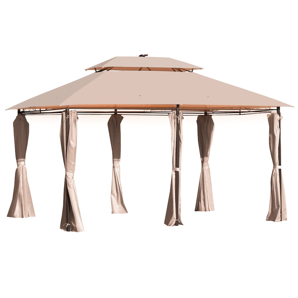 image 1 of Outsunny 4 x 3m Outdoor Gazebo Canopy Party Tent Garden Pavilion Patio Shelter wLED Solar Light, Double Tier Roof, Curtains, Steel Frame, Khaki