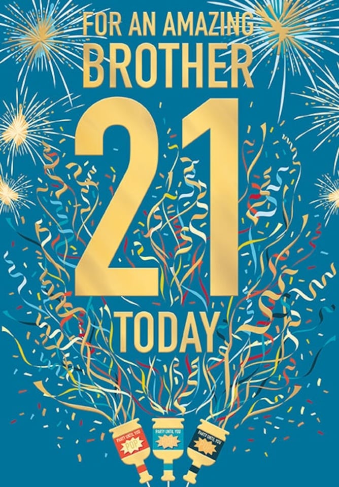 image 1 of Words 'n' Wishes Amazing Brother 21st Birthday Card - Card for Brother Age 21 with Contemporary Party Popper and Fireworks Design
