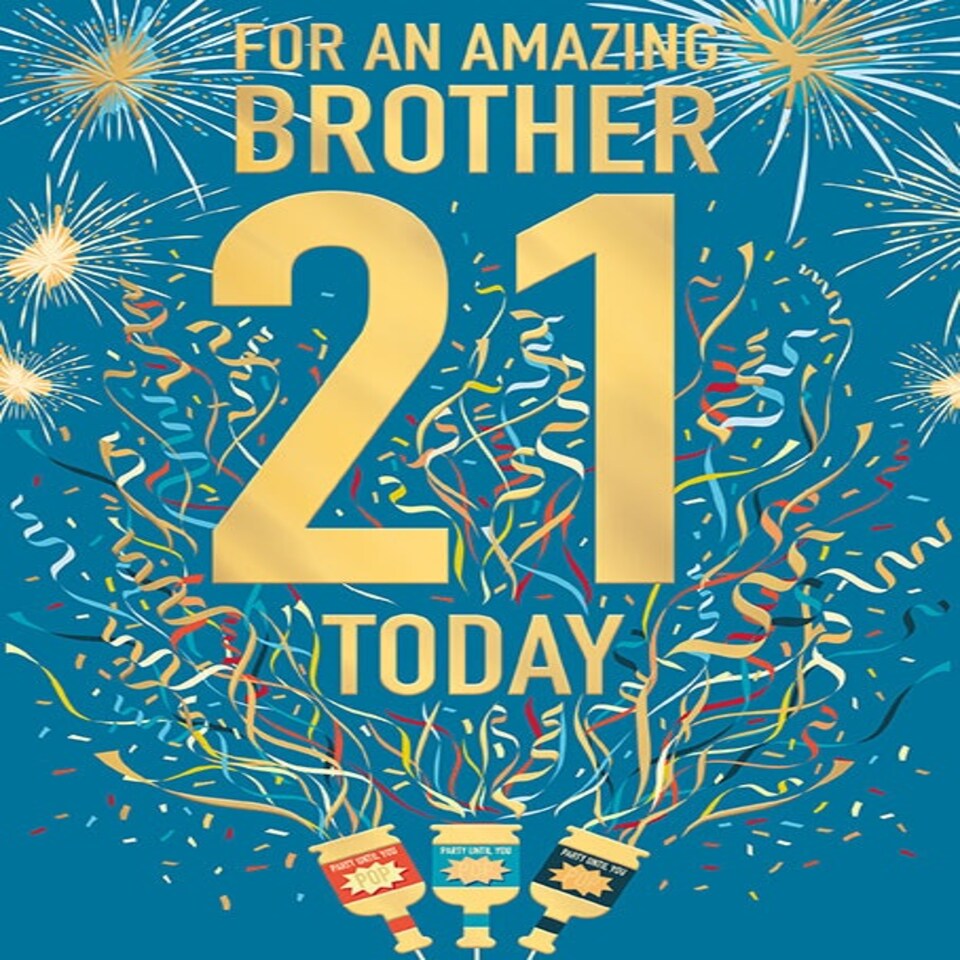 image 1 of Words 'n' Wishes Amazing Brother 21st Birthday Card - Card for Brother Age 21 with Contemporary Party Popper and Fireworks Design