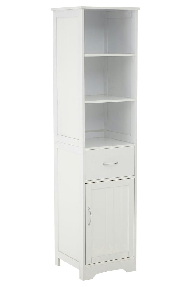 image 1 of Orsina Tall White Display Cabinet With Drawer & Shelves, Narrow Storage Unit, White Storage Cabinet For Daily Use