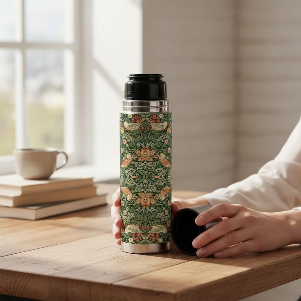 image 1 of Green Strawberry Thief Large Reusable Thermal Flask