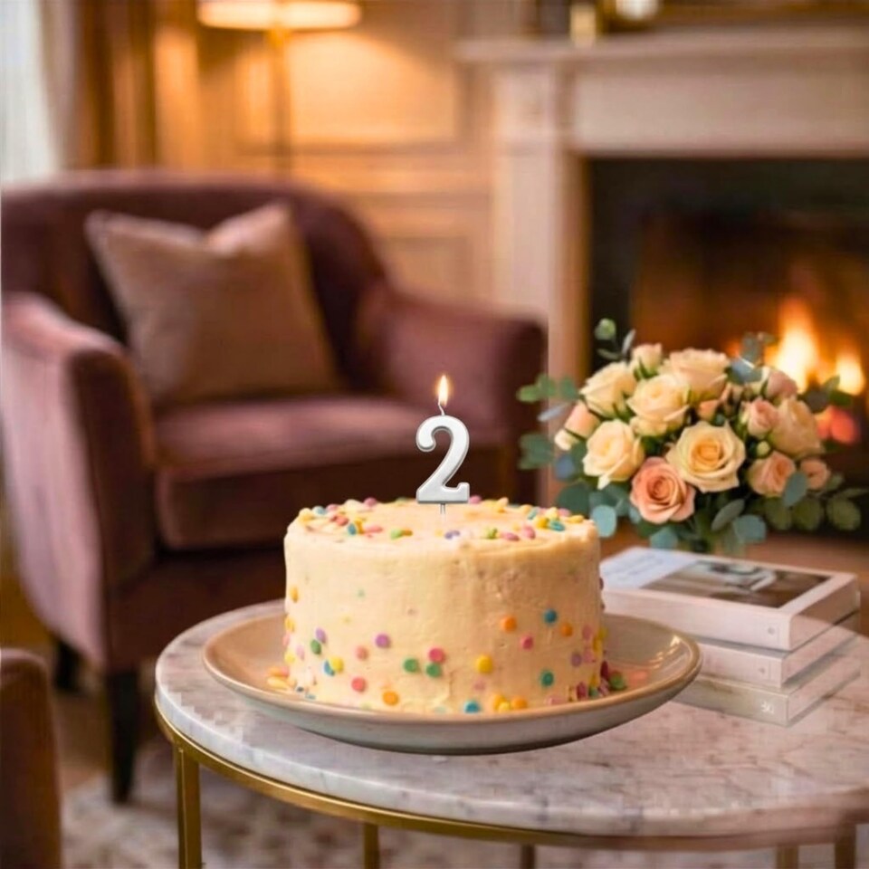 image 1 of Silver 2 Number Candle Birthday Anniversary Party Cake Decorations Topper | Silver